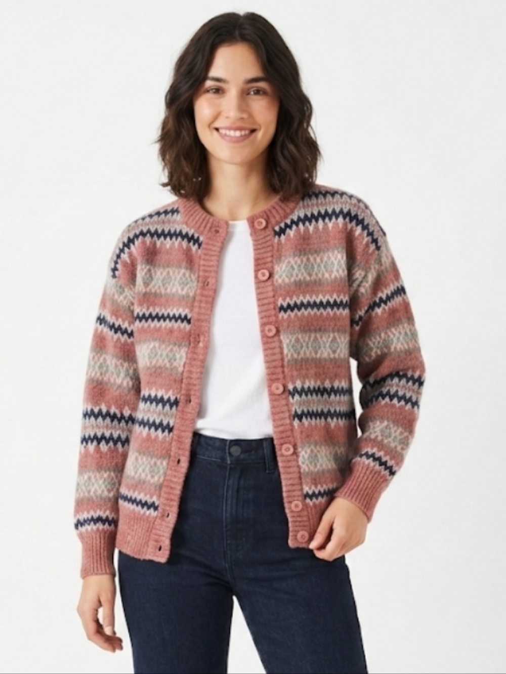 Vintage 100% Wool Fair Isle Striped Knit Cardigan Sweater Small